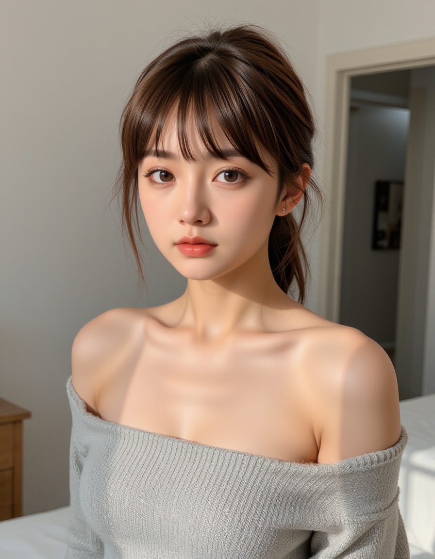 A young asian woman with fair skin and long,  straight brown hair styled in a loose ponytail with some strands framing her...