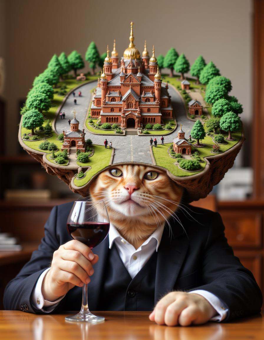 At the bottom of the image is A cat was drinking red wine in a suit. Photoshopped into the top of the image is miniature,...