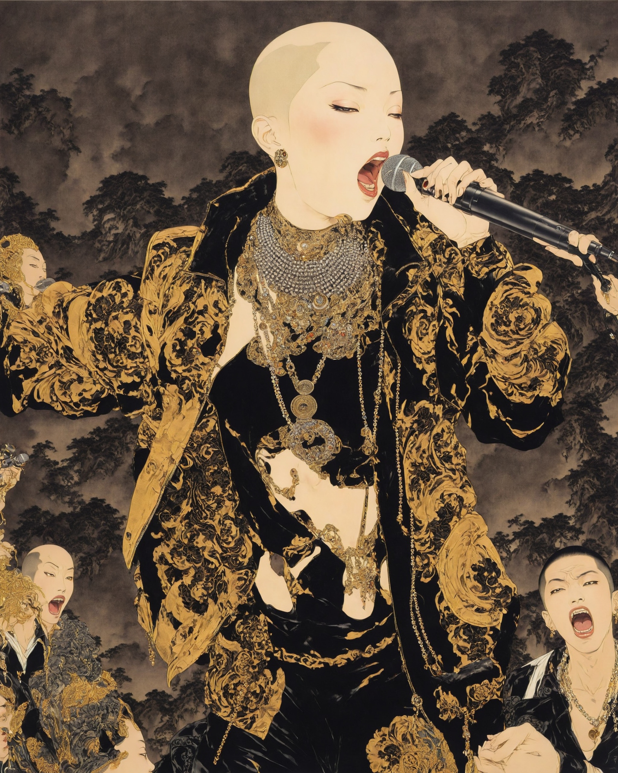 a woman in a black and gold outfit holding a microphone ,  open mouth,  1boy on Tensor.Art
