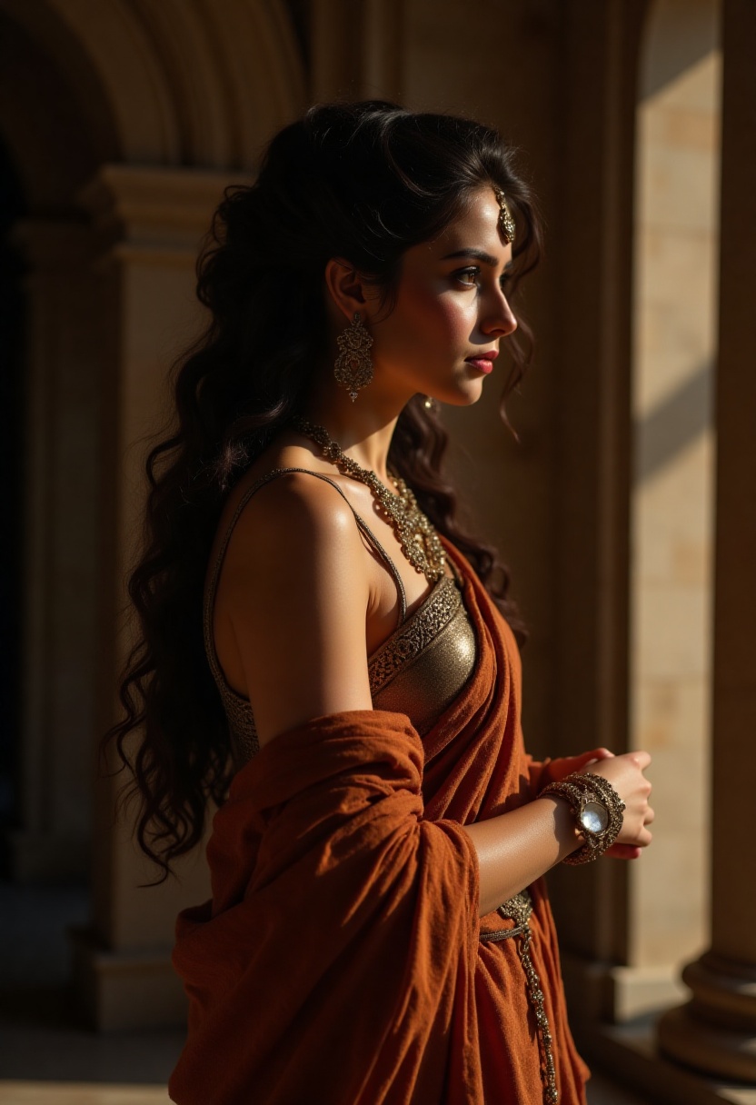 Cinematic picture,  A majestic woman in her late twenties,  dressed in layered copper-toned silks and adorned with delicat...