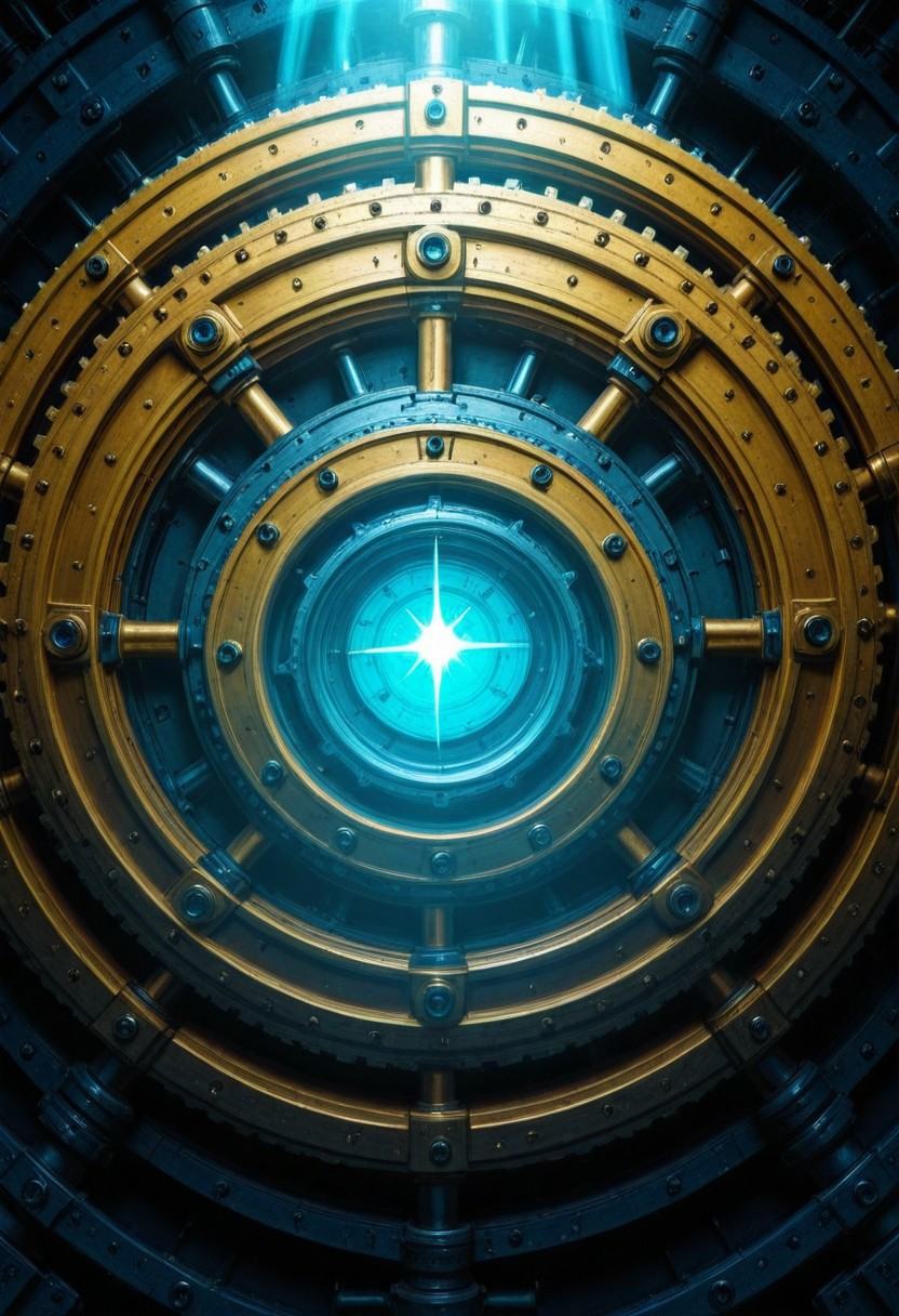 Huge gears glow in neon blue and purple,  with a smooth metal texture that looks like it was laser cut. This gear rotates...