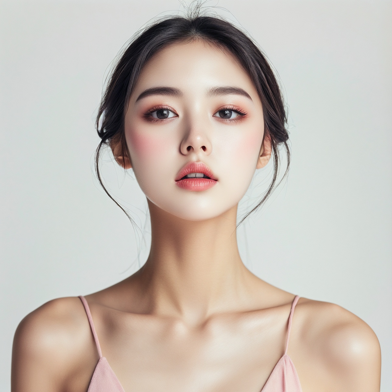 solo, 1girl, realistic, black hair, looking at viewer, parted lips, simple background, portrait, black eyes, white background