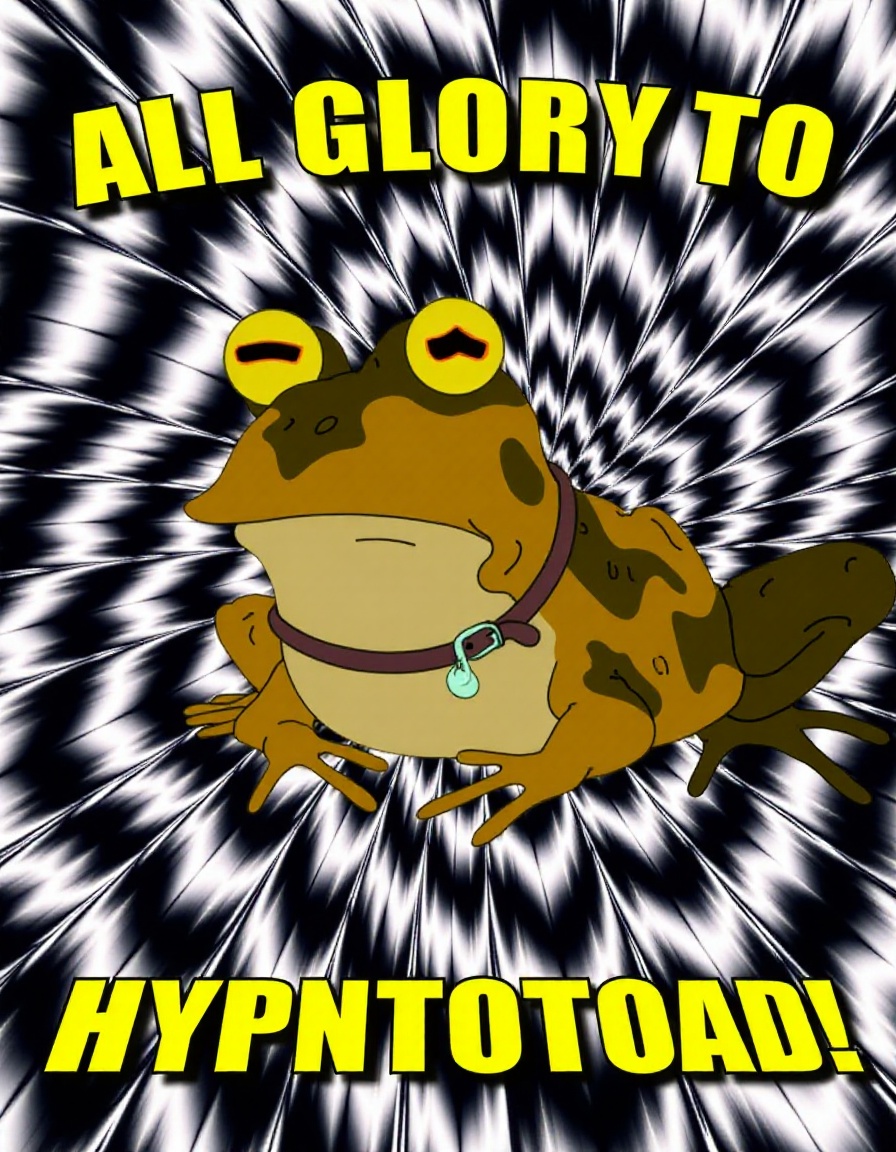 HYPNOTOAD WITH MESMERIZING OPTICAL ILLUSION BACKGROUND WITH TEXT THAT SAYS "ALL GLORY TO THE HYPNOTOAD!" on Tensor.Art