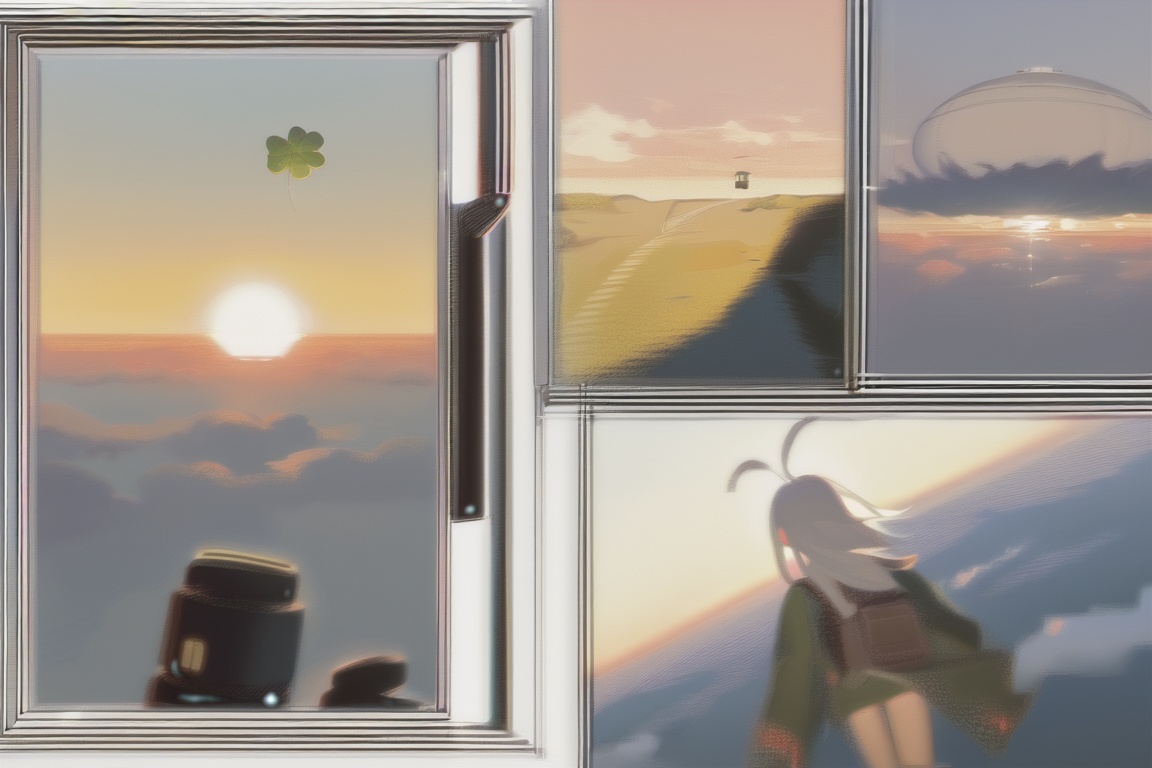 masterpiece,best quality,illustration,ultra detailed,hdr,Depth of field,(colorful),artist:tianliang duohe fangdongye,bright outline,1girl, solo, bomber jacket, pilot coat, goggles on the head, white long hair, Green eyes , four-leaf clover, wind-blown clothes, leather boots, leather material, bare legs, brown backpack, walkie-talkie, antenna, scout, exploration, signal transmitter, sunset, setting sun, Tyndall light, horizon, ultimate color, melancholy expression, the girl looks into the distance, parachute, cumulonimbus, clouds, aerial view, distant view, airship, hyperdetail, nature landscape, clouds,   <lora:AnimeOriginalArtStyleShadow_PONYXL_d4a1:0.4>