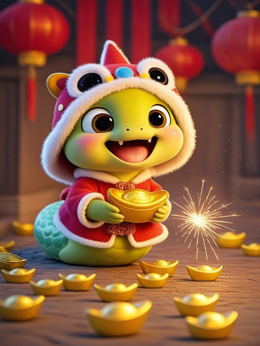 shenian,wearing a Nian beast hat,In one CGI scene, an adorable cartoon baby snake dressed in red and white Chinese New Year costumes holds a gold coin. Bright green scales and large expressive eyes stand out against a backdrop of glowing lanterns and scattered gold coins. The whole atmosphere was joyful and celebratory.,<lora:shebaobaov1-000014:0.8>
