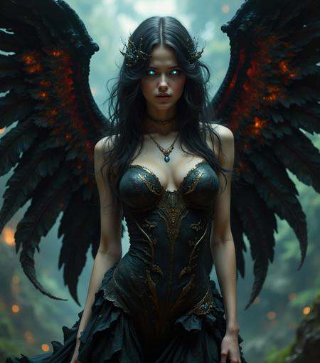 beautiful dark angel in cyberpunk 2077 wallpaper style,  cinematic,  busty dress on Tensor.Art