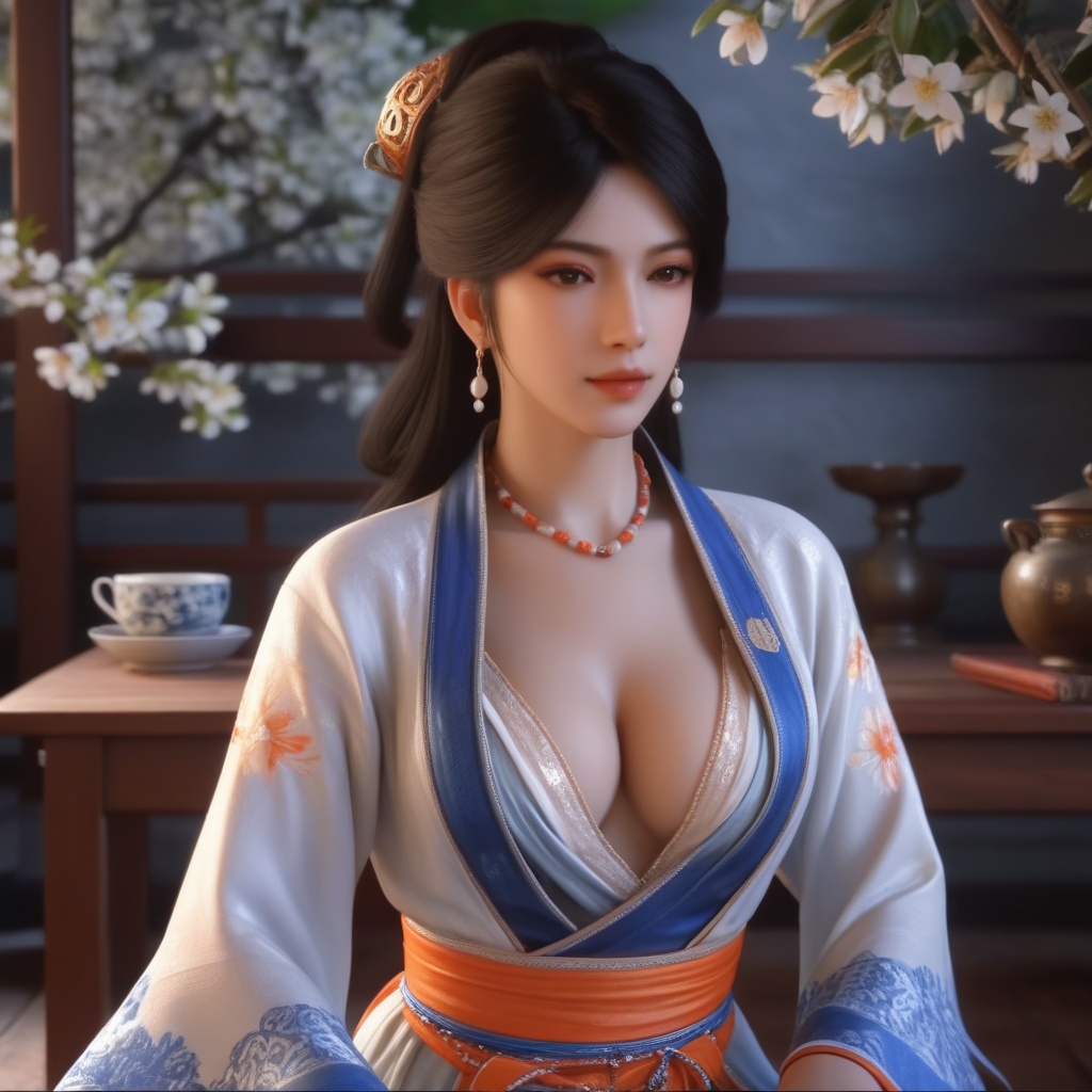 <lora:839-DA-XL-少年白马醉春风-温珞玉:0.6>, (,1girl, ,best quality, ),,  ,ultra realistic 8k cg,, ,masterpiece, (( , )),, ,      ,  orange blossoms,  (cleavage),,  (), ,(sit),