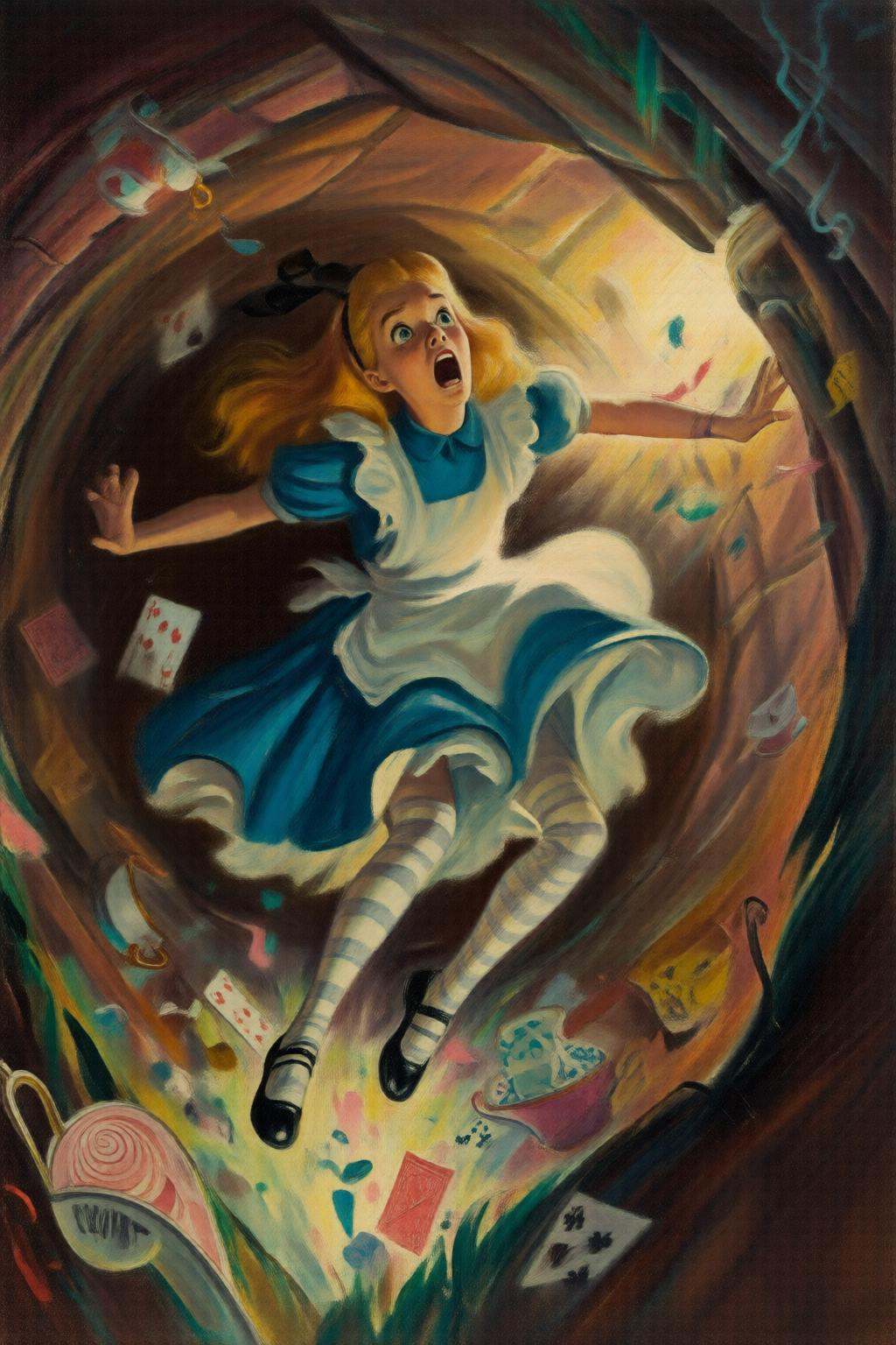 walterbaumhofer2q illustration.Overhead view of Alice in Wonderland falling into the rabbit hole,  with her legs dangling...