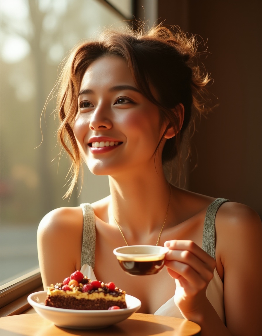 Photorealistic image of a woman,  "A woman with a relaxed demeanor enjoys a cup of coffee alongside a decadent slice of ca...