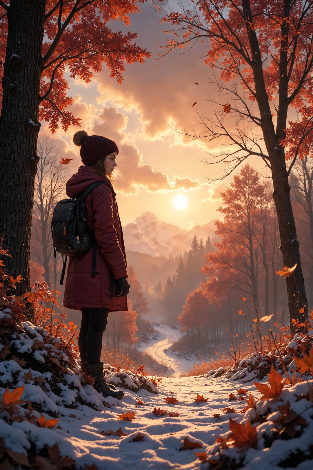 1girl standing next to a McLaren,  autumn forest,  sunset on Tensor.Art