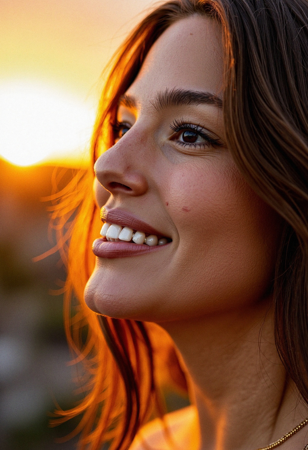 A close-up shot of a woman smiling faintly,  her face turned to the side as the light of a setting sun paints warm streaks...