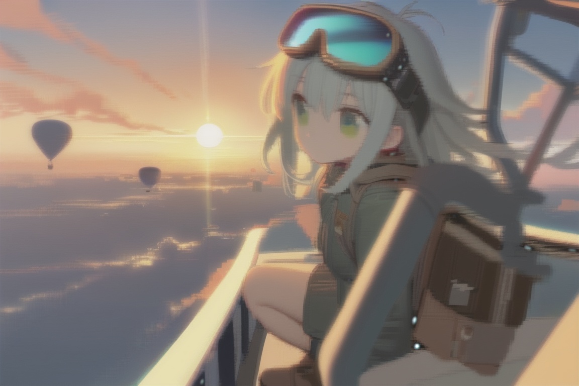 masterpiece,best quality,illustration,ultra detailed,hdr,Depth of field,(colorful),artist:tianliang duohe fangdongye,bright outline,1girl, solo, bomber jacket, pilot coat, goggles on the head, white long hair, Green eyes , four-leaf clover, wind-blown clothes, leather boots, leather material, bare legs, brown backpack, walkie-talkie, antenna, scout, exploration, signal transmitter, sunset, setting sun, Tyndall light, horizon, ultimate color, melancholy expression, the girl looks into the distance, parachute, cumulonimbus, clouds, aerial view, distant view, airship, hyperdetail, nature landscape, clouds,   