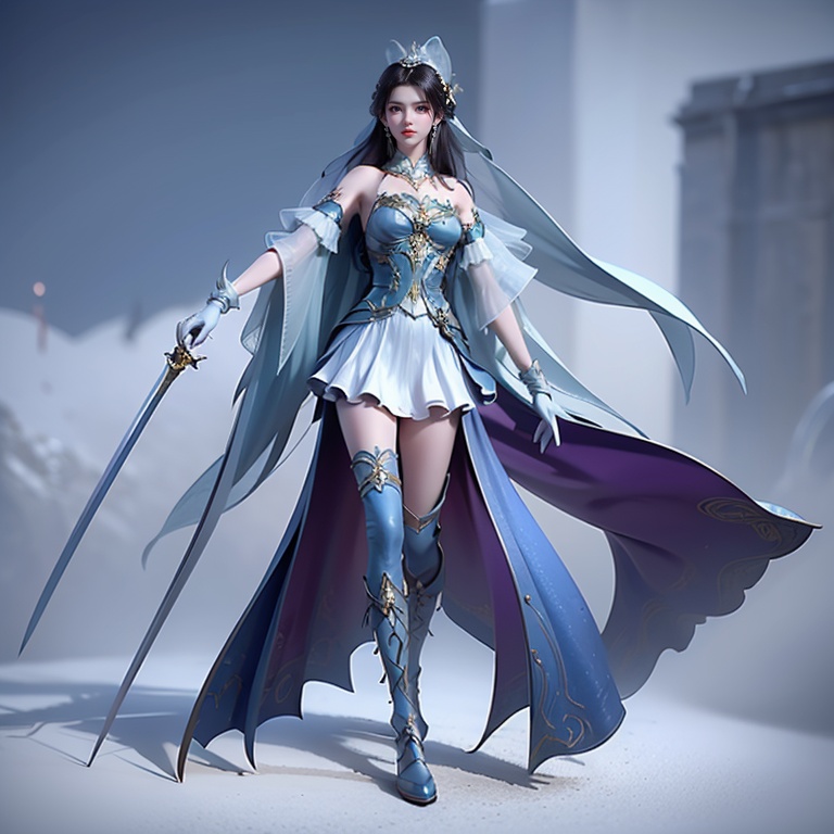 ,1girl,weapon,sword,long hair,black hair,solo,boots,holding,full body,gloves,holding weapon,dress,hat,holding sword,fur trim,white gloves,looking at viewer,veil,