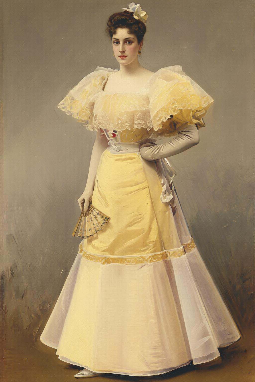 joaquinsorolla3q painting.A tall Spanish woman is dressed in a formal yellow gown with lace detailing and a fitted bodice,...