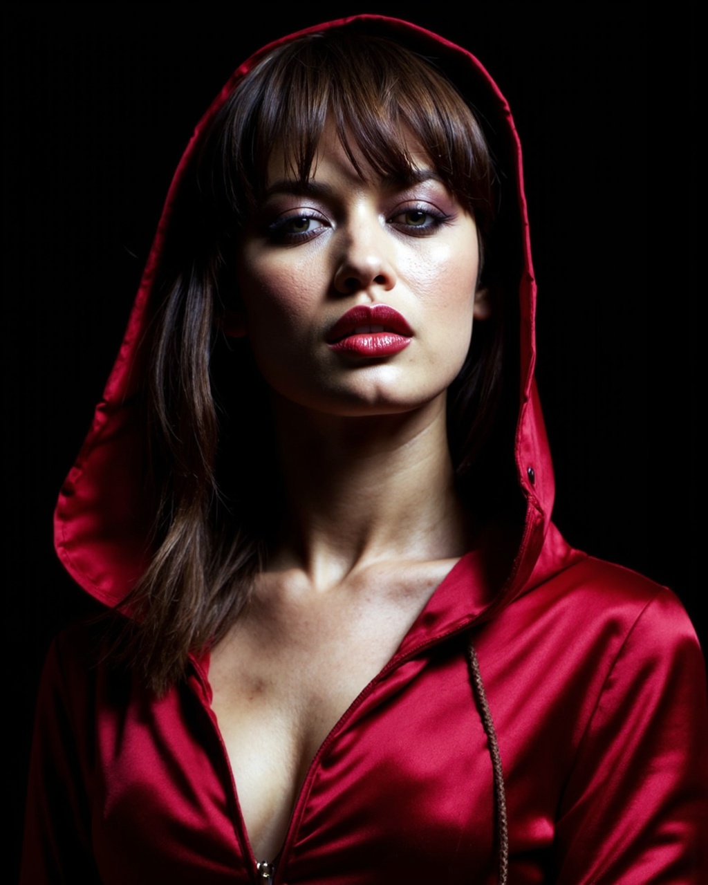 A high-resolution photograph of olga_kurylenko with long,  straight dark brown hair and fair skin. She is partially visibl...