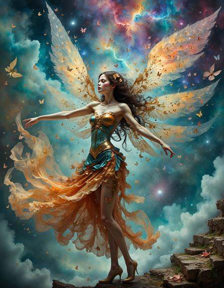 A magical fairy dances gracefully in the rain,  captured in a stunning double exposure. The concept art is hyperdetailed,...