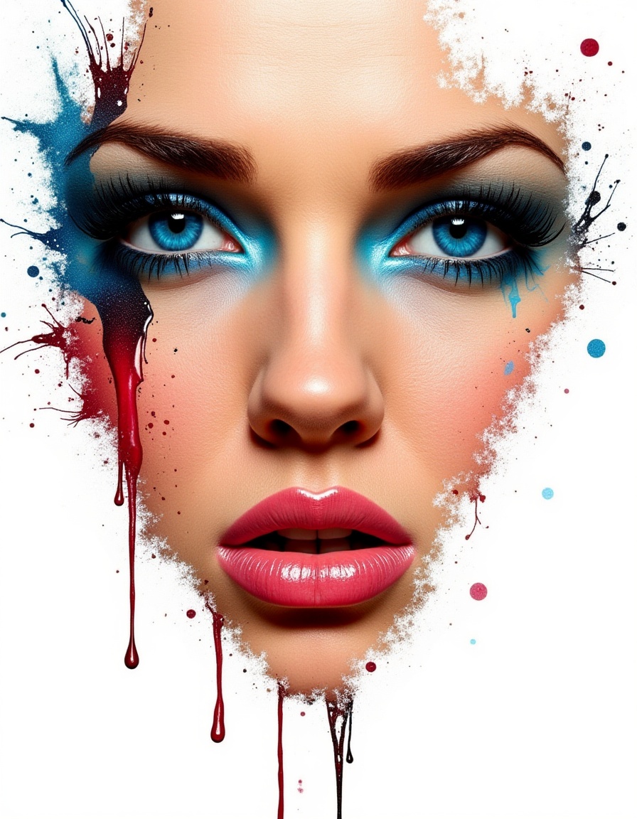 A highly stylized portrait of a woman’s face,  formed entirely from chaotic coloured ink splatters,  dripping brush stroke...