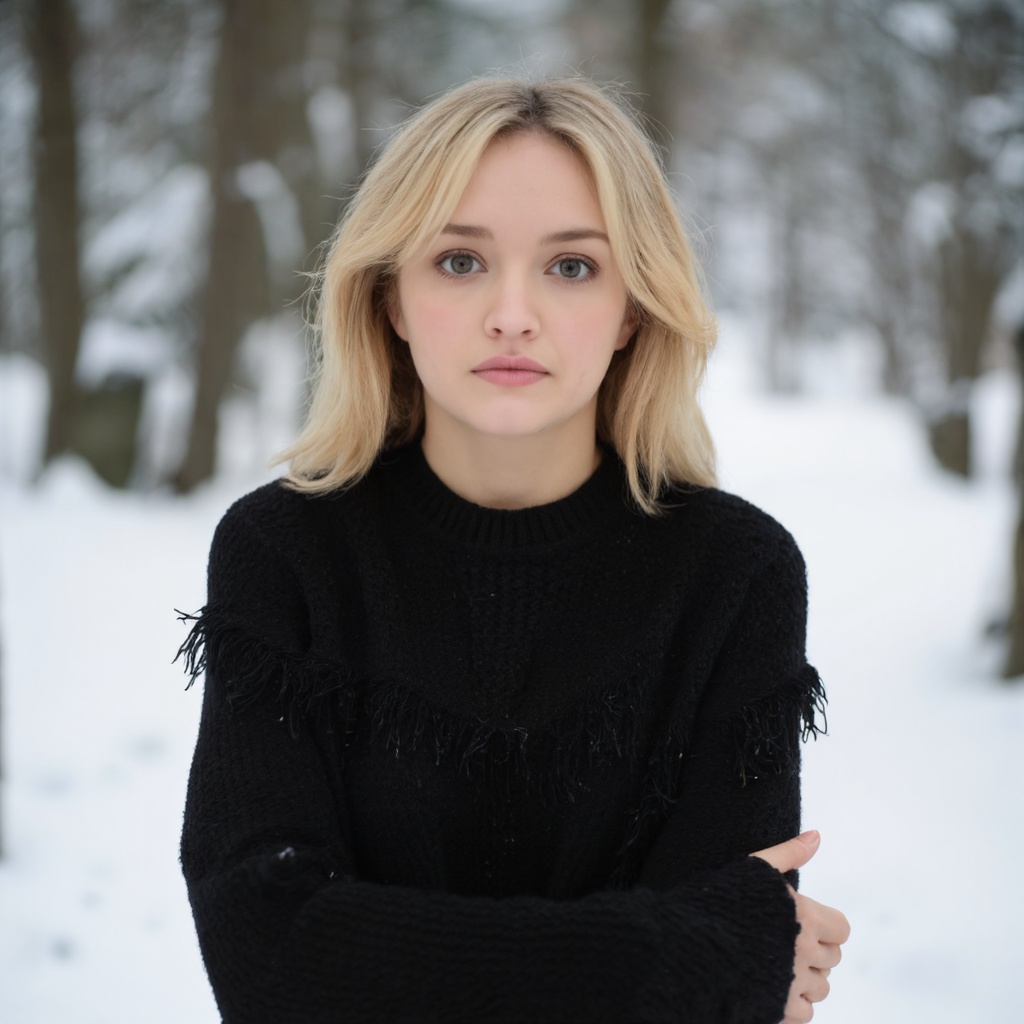 A portrait of olivia_cooke standing outdoors in a snowy forest. She has long,  platinum blonde hair and wears a black,  te...