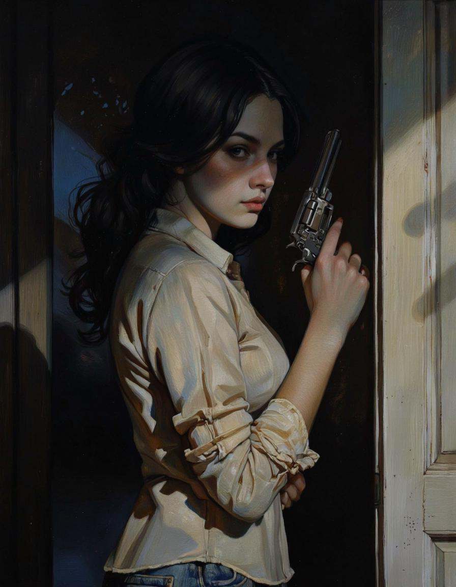 A digitally illustrated drawing in comic book style.A mysterious woman with dark,  wavy hair and piercing eyes stands in t...