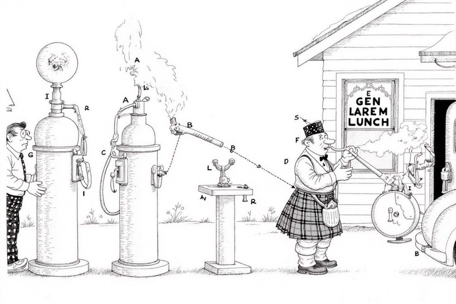 rugo1 illustration. The drawing features two men at a gas station. On the left is a man standing beside a gas pump. On the...