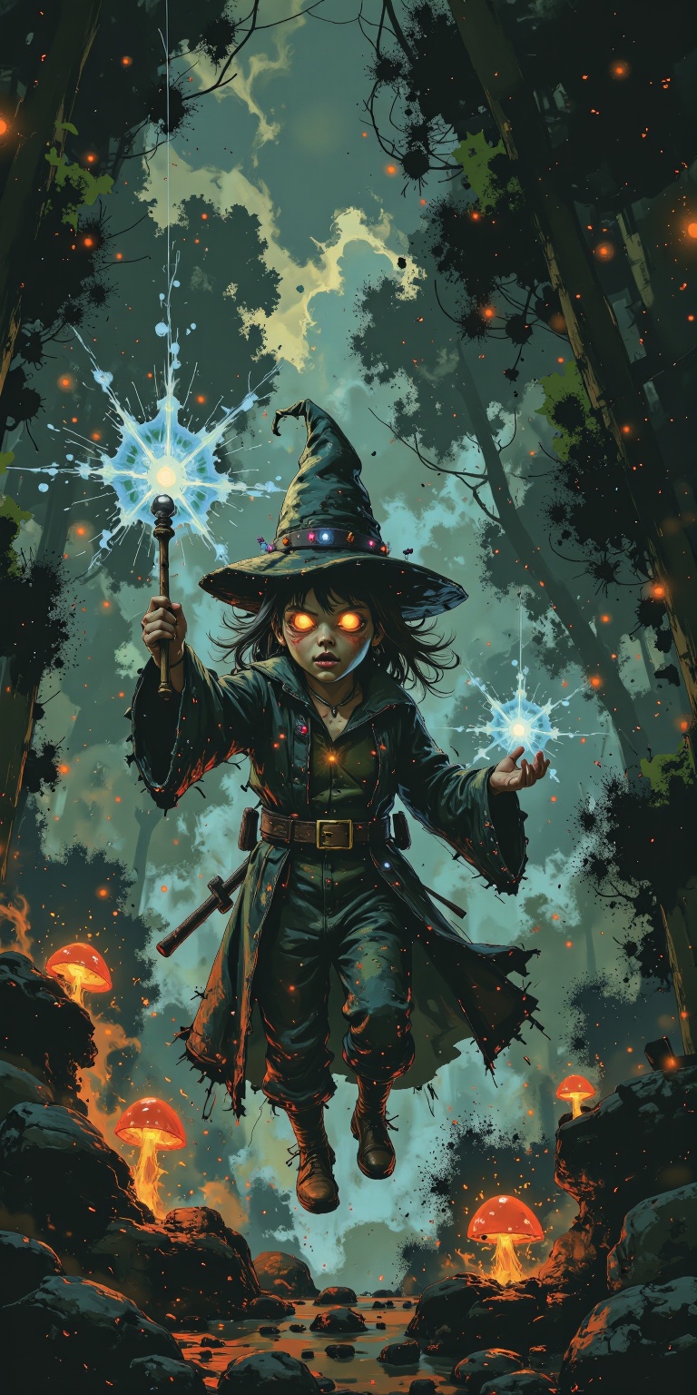 A young wizard in a glowing robe dancing in the air,  holding a crystal wand,  in the middle of a forest full of glowing m...
