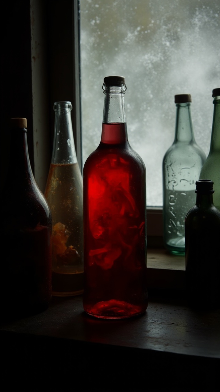 designed by Stephen Gammell,  A sleek and modern bottle filled with a vibrant red liquid sits on a wooden table,  surround...