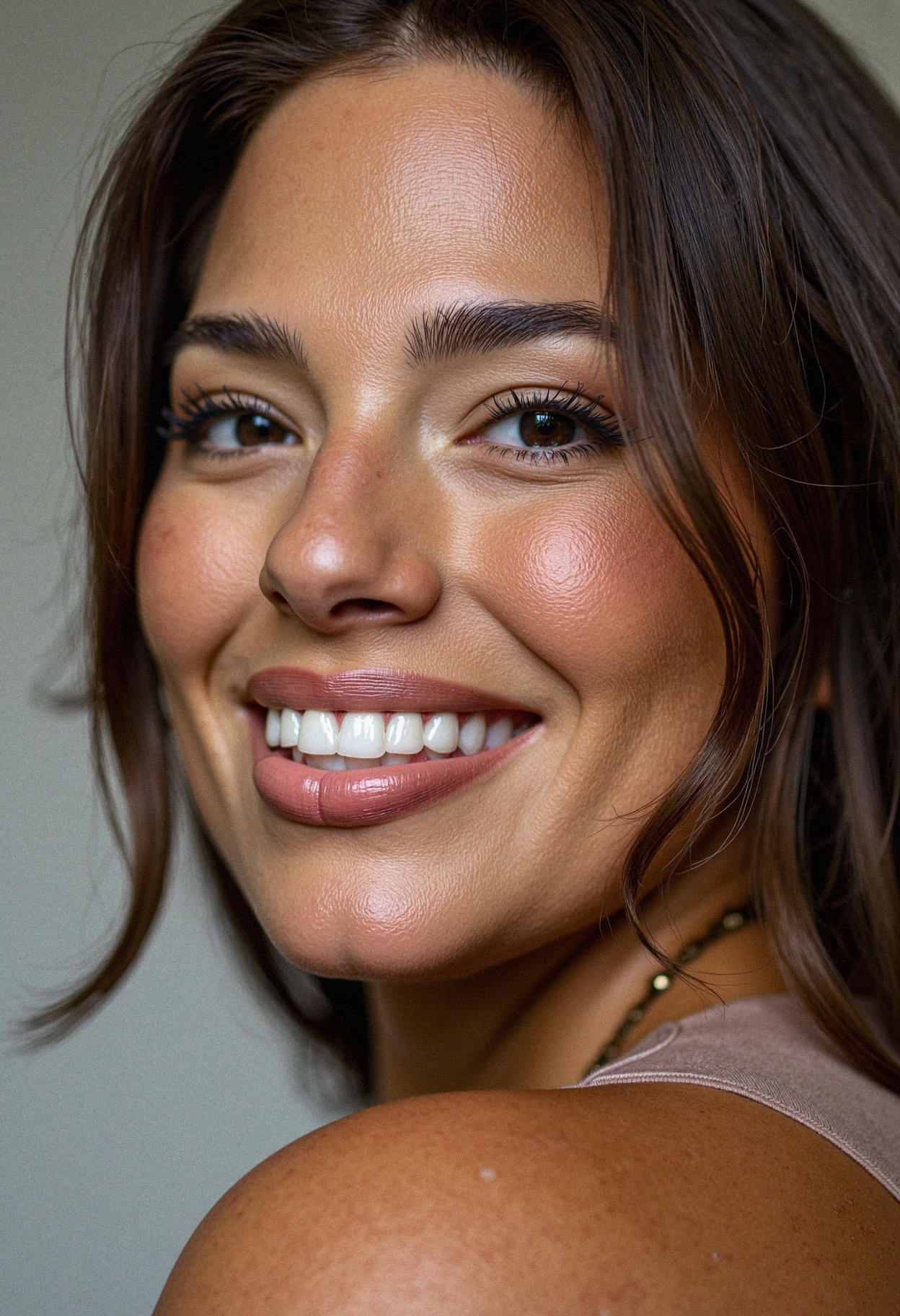 A close-up shot of a woman smiling warmly,  caught in a perfect moment,  while subtle studio lighting creates a flawless b...