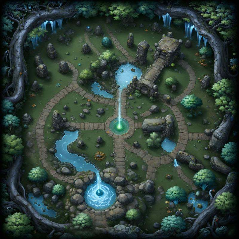 A mystical clearing surrounded by towering trees with bioluminescent foliage. Crystal-clear streams flow through the area,...