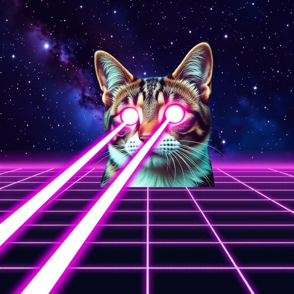 vaporwave style LASERCAT,  LASER FUTURAMA BENDER WITH PARALLEL LASER BEAMS COMING FROM ITS EYES,  . retro on Tensor.Art