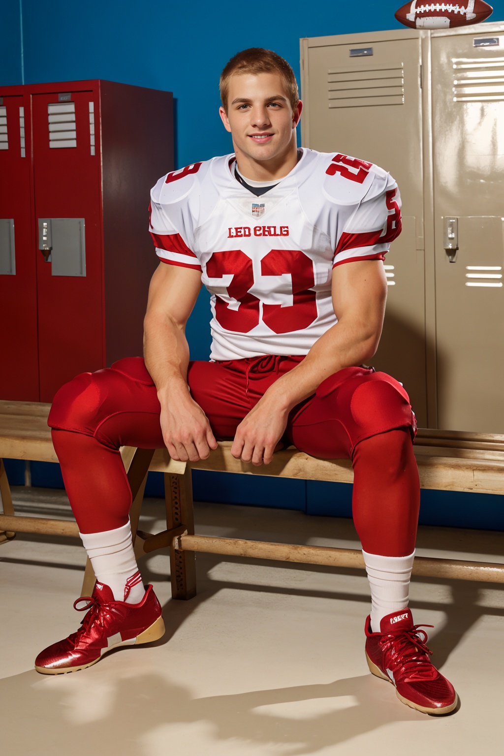 in an American football locker room,  (sitting on a bench),  legs spread open on Tensor.Art