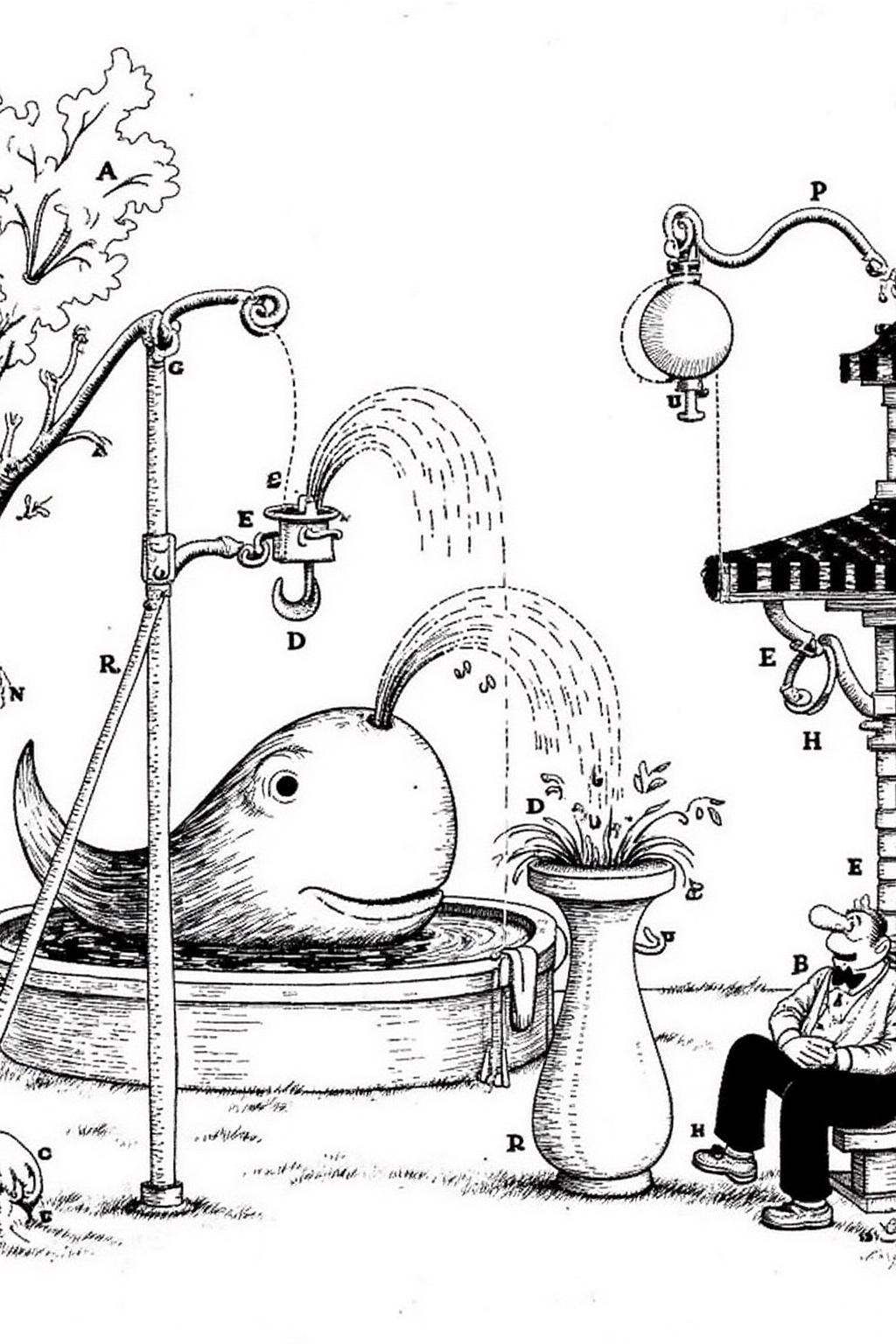 rugo1 illustration.It depicts a fantastical scene featuring a large whale spraying water into a bowl-shaped pool. A man is...