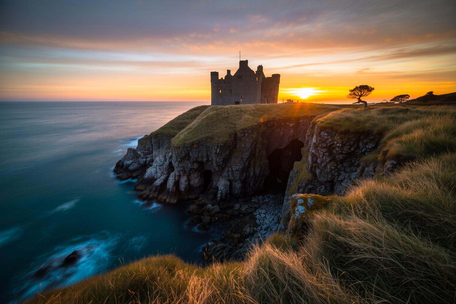 aurelmanea2q photography. A breathtaking,  wide shot of an ancient Scottish medieval castle perched majestically on a deso...
