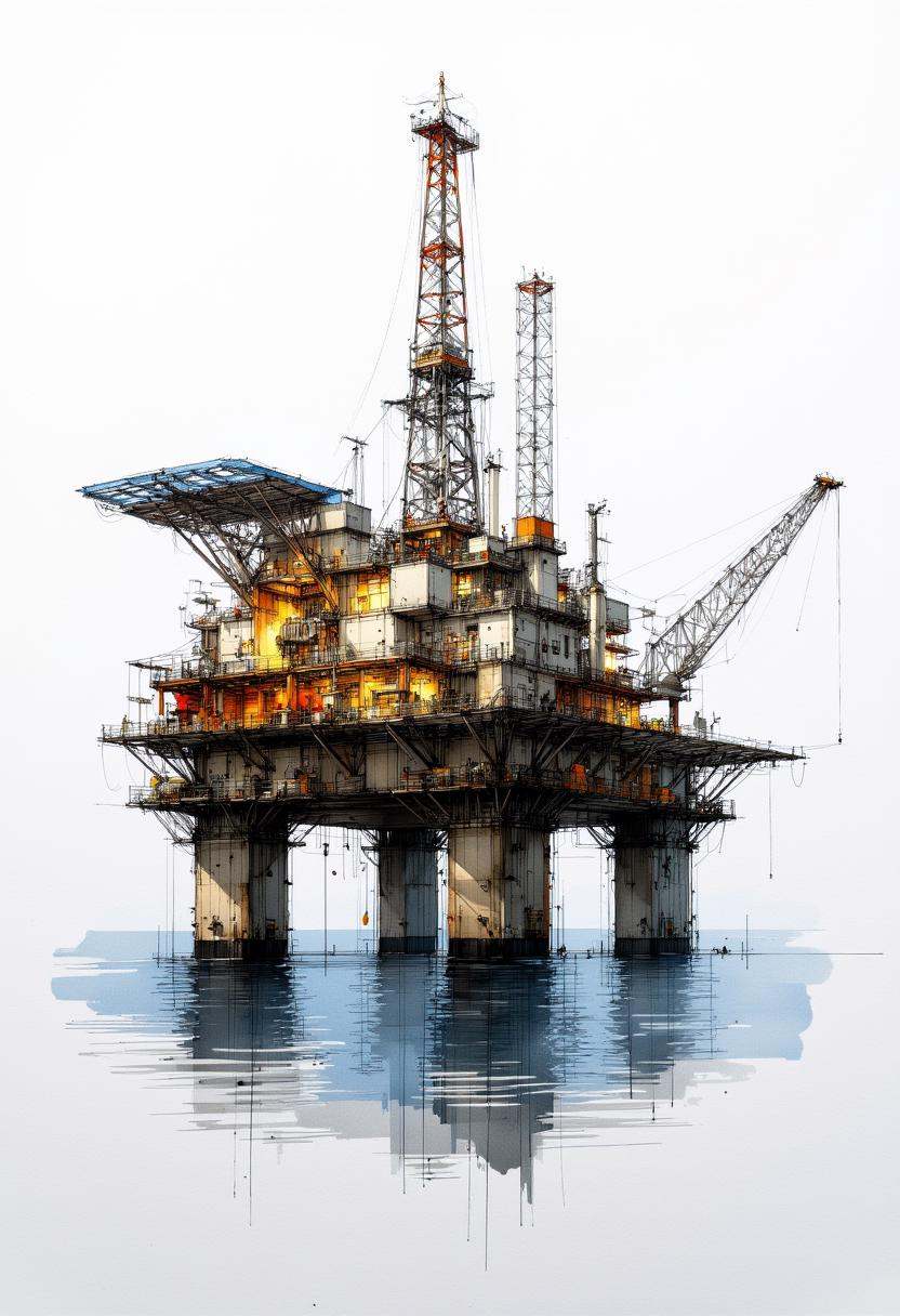 Architectural sketching of a offshore platform at sea,  masterpiece,  best quality.The site is lit by lighting professiona...