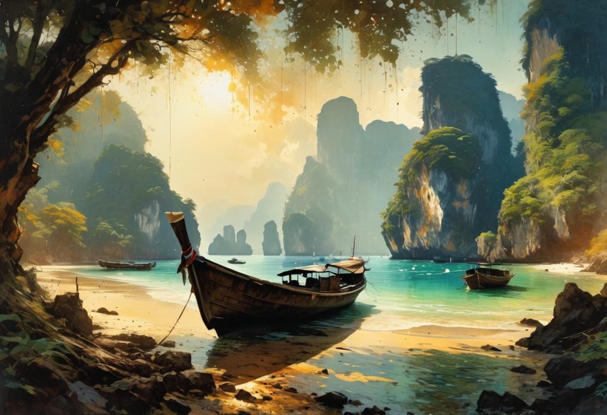 a breathtaking image of the famous Kho Phi Phi island of Thailand,  View towards the Bay seeing the traditional Ships,  da...
