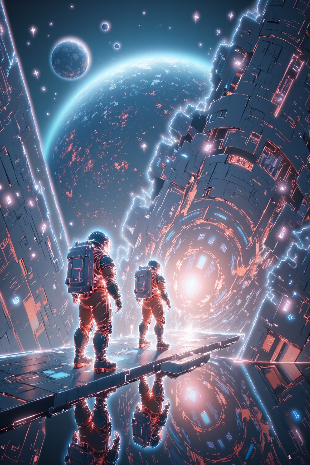 This image is a highly detailed, CGI-rendered digital artwork depicting a futuristic space scene. The central focus is on two astronauts, clad in orange and black space suits, standing on a metallic, reflective walkway that extends into the distance. The walkway is surrounded by sleek, futuristic spacecraft and technological structures. The astronauts are positioned near the entrance of a large, curved space station, which is illuminated by bright, neon-blue lights. The space station's exterior is a complex arrangement of panels and tubes, suggesting advanced engineering and technology.The background showcases a vast, star-filled expanse of space, with a deep blue sky transitioning into black. In the distance, the Earth is visible as a bright, blue marble, with clouds and oceans clearly distinguishable. Above the Earth, several large, glowing planets are partially visible, adding to the sense of vastness and wonder. The scene is illuminated by a combination of natural and artificial light, creating a dramatic contrast between the cool blues of space and the warm, glowing elements of the space station and spacecraft