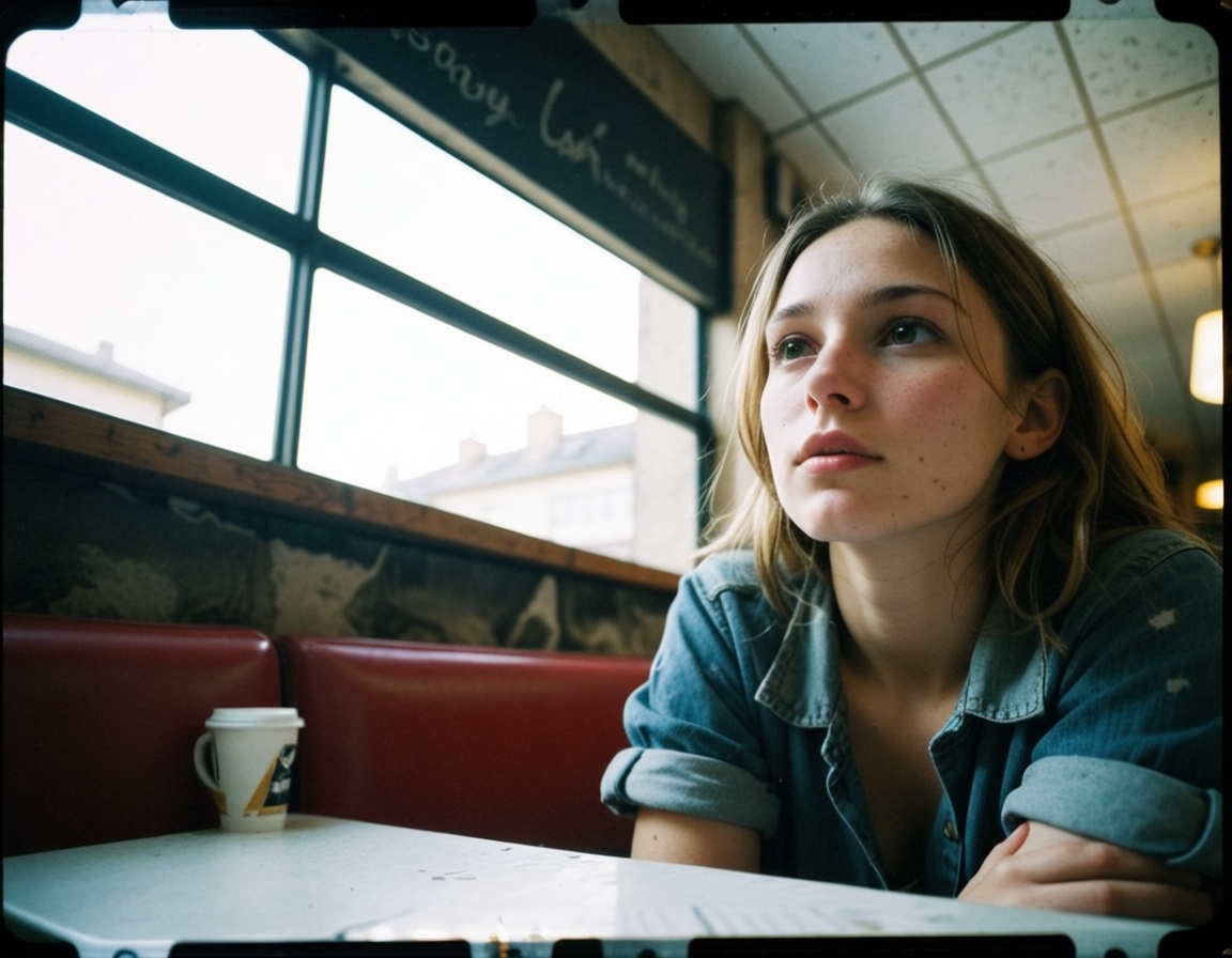 european woman 25 years old sitting at cafe,  watching away,  from below on Tensor.Art