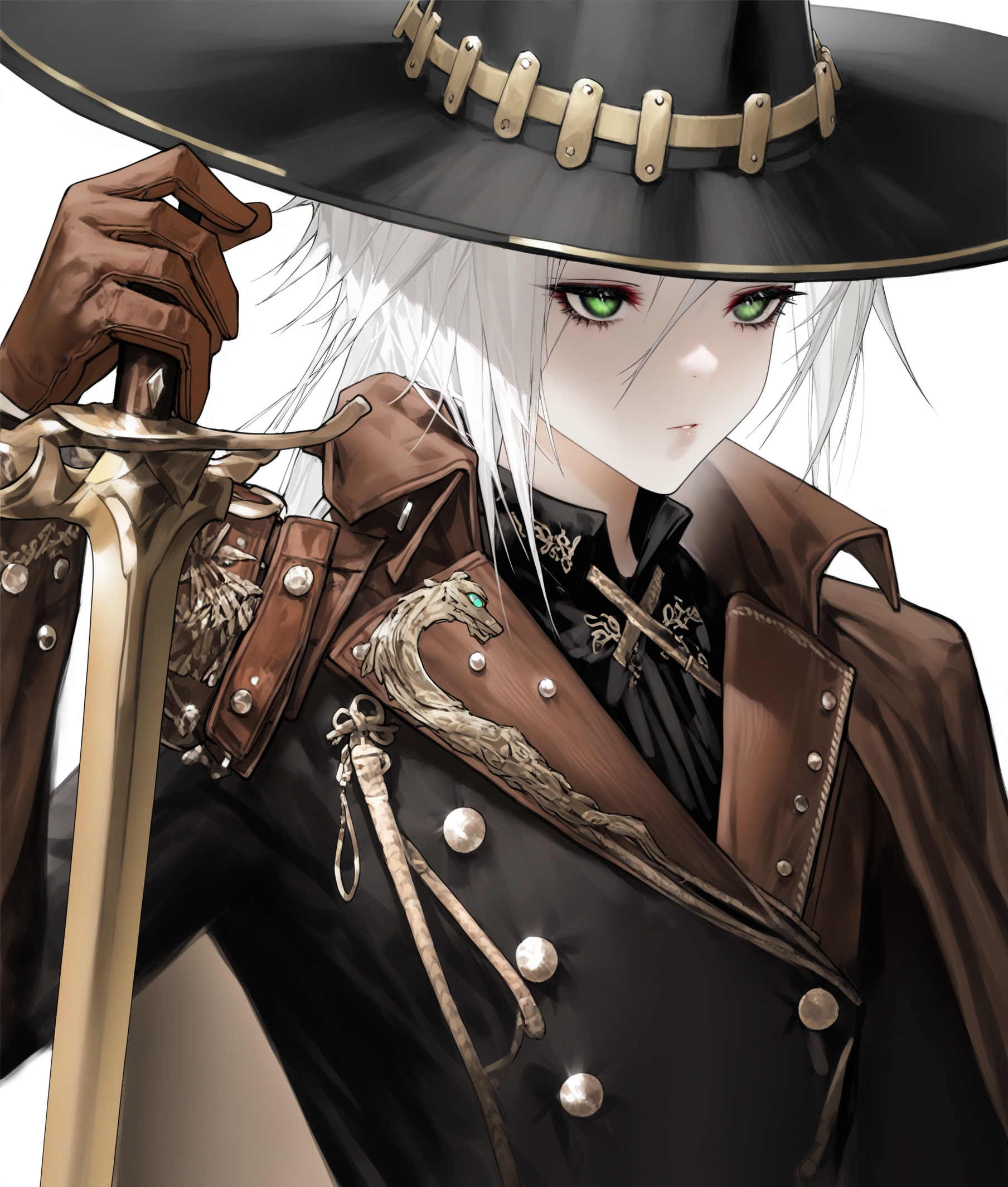 best quality,masterpiece,absurdres,newest,<lora:GENESIS_MK0.2:1>,(quuni:1.2),(agoto:1.25)(omone hokoma agm:0.9),(hyouuma:1.15),a digital drawing in a dark, anime-inspired style, it features a close-up of a male character with pale skin and striking green eyes, holding a large, ornate sword in his right hand, the character has long, flowing white hair that is slightly tousled, and is wearing a black, wide-brimmed hat adorned with small, silver studs, his attire is dark and detailed, with a high collar, a brown leather jacket, and a brown, high-collared shirt, the jacket is adorned with intricate, silver embroidery, and he wears a pair of brown leather gloves that extend to his elbows, the background is a solid black, which contrasts sharply with the character's dark attire, making them stand out vividly, the sword she holds glinting with a bright, white light, suggesting it is a powerful weapon, the overall mood of the drawing is intense and dramatic, with sharp lines and shading that enhance the texture and depth of the artwork