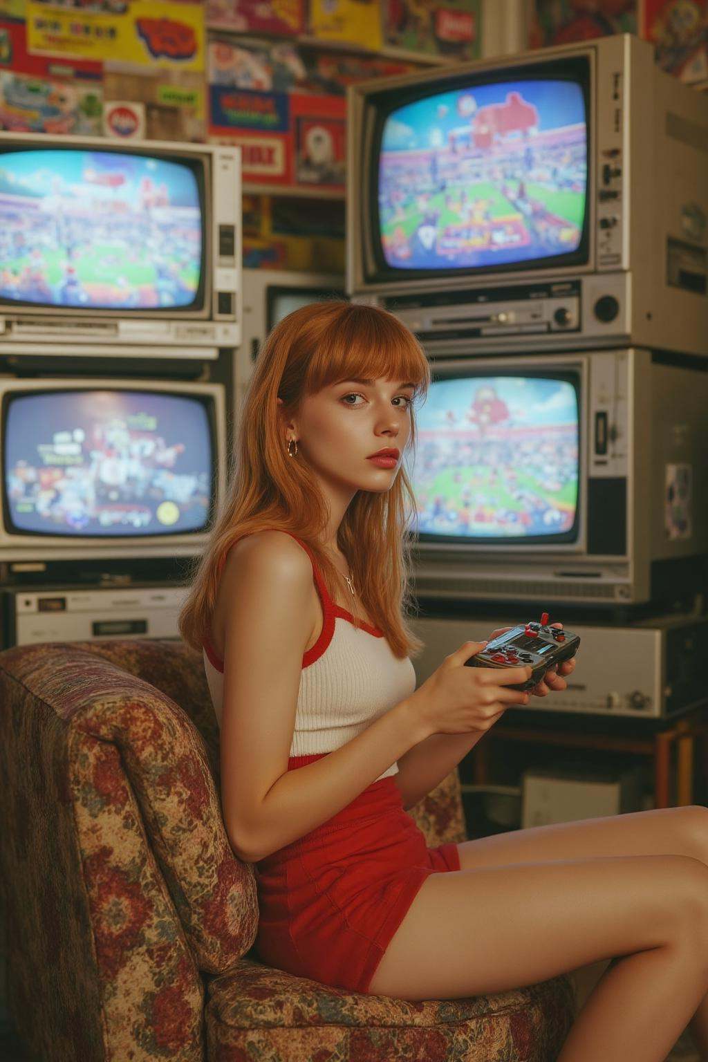 midjourney photograph. A young Dutch model,  shown in side profile,  is sitting on a patterned couch on Tensor.Art