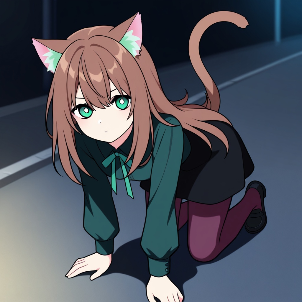 an catgirl in a striking pose moving fast. She has green eyes and long brown hair. She stands in the dark street,  backgro...