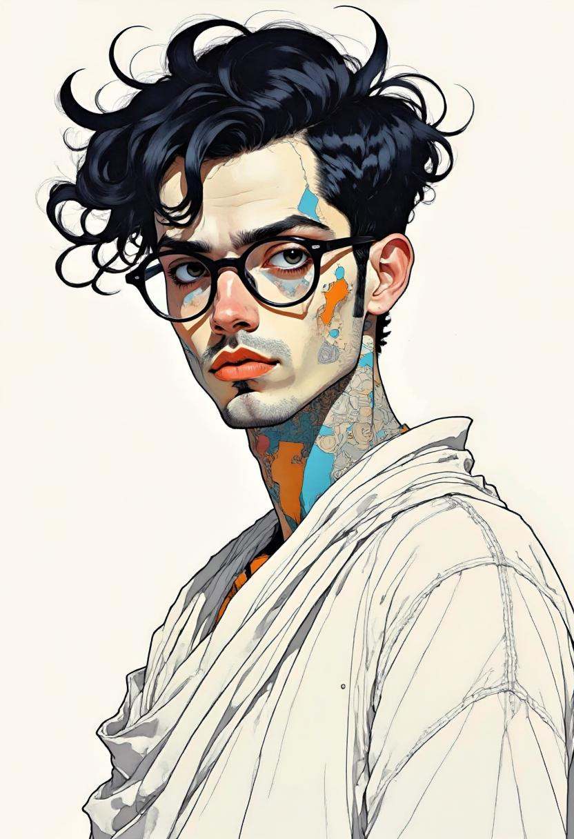 A highly detailed digital illustration featuring a young man with a striking,  futuristic aesthetic. He has a pale,  sligh...