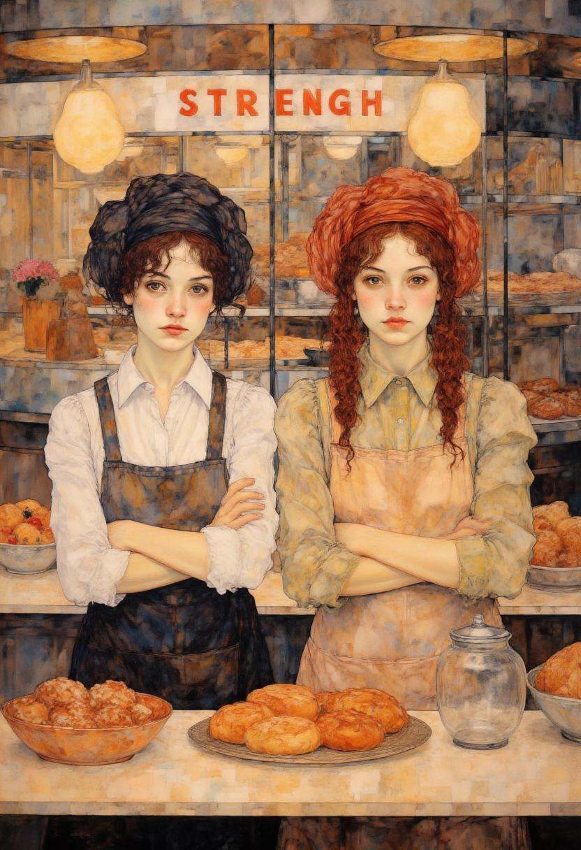This is a highly detailed,  realistic drawing created in a painterly digital medium. It features two young women standing...
