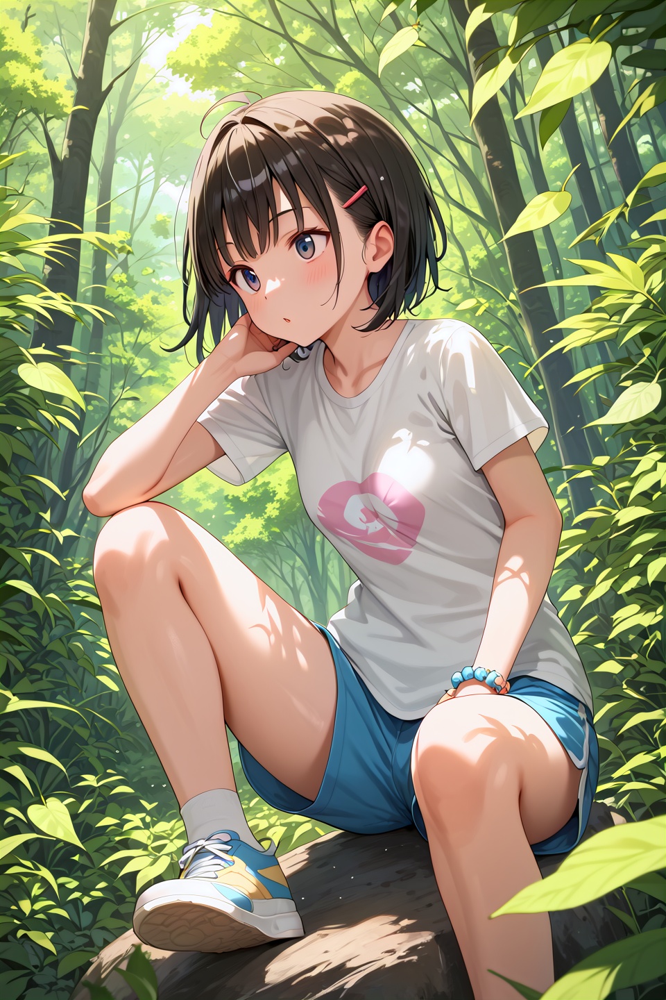 score_9,  best quality,1girl,summer,nature,leaf,t-shirt,action