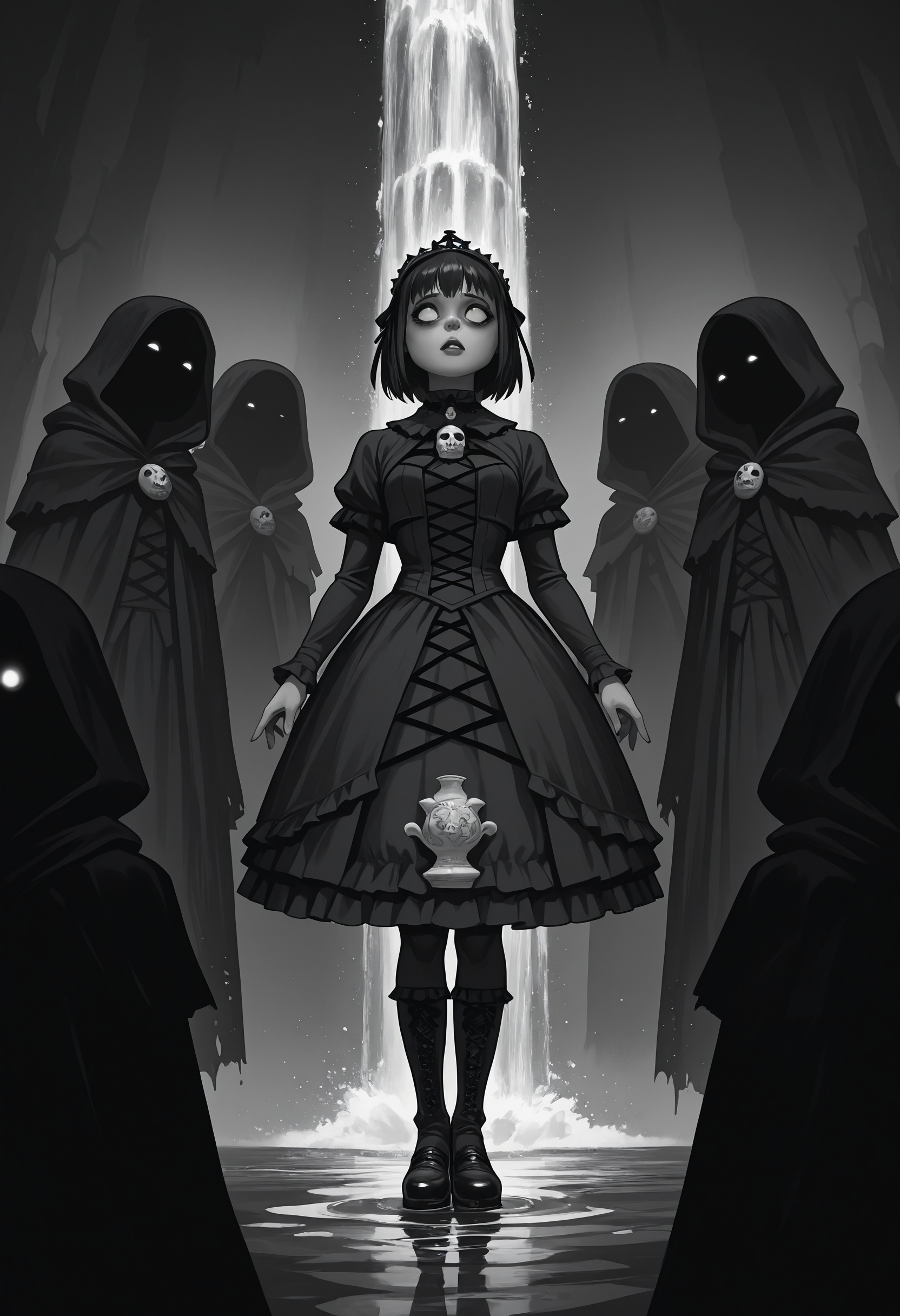 IllustQualXL_Pos,  Capture the essence of in a figure,  in a monochrome setting on Tensor.Art