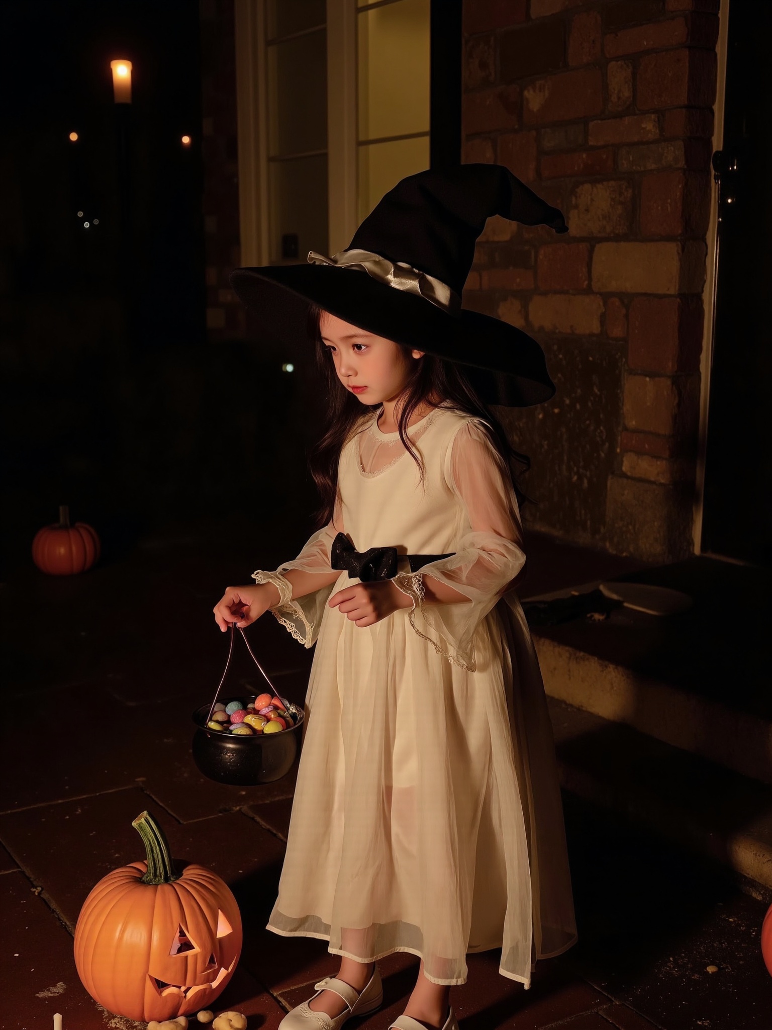 无,A darkened porch,lit only by a flickering jack-o'-lantern's warm glow,sets the eerie scene as a sweet young girl,dressed in a flowing white costume and matching witch hat. Her eyes sparkle with mischief as she holds out a candy-filled cauldron.,