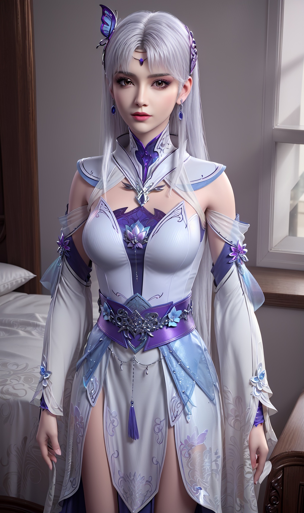 3D,masterpiece,(best quality),(makeup),official art, extremely detailed cg 8k wallpaper,((crystalstexture skin)), (extremely delicate and beautiful),(highly detailed),(face),(collar),(butterfly_hair_clip),(hand)(1girl), (solo), (jewelry), (earrings),(white_hair),(long_hair),(hair_ornament),(handwear),(breasts),(standing),((upper_body)),(dress),(long_skirt),(shiny_clothes),(long_legs),(city,indoor,bed),(belt),(multicolored_clothes),(multicolored_dress),(robe),,((looking_at_viewer)),((Facing the camera)),, <lora:hipoly3DModelLora_v10:0.3>