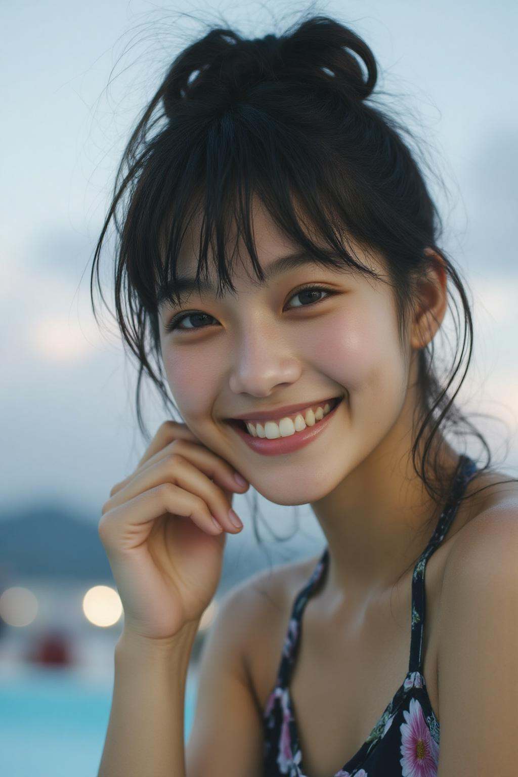 midjourney analog photograph.Close-up of a 18yo Japanese girl with dark hair styled in a messy bun wears a sleeveless top...