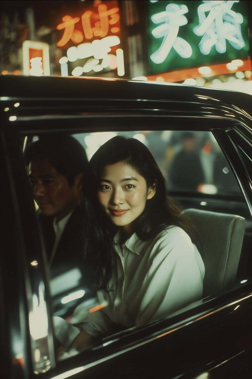 midjourneyanalog9 photograph.A 1980s Japanese woman with long hair is sitting inside a black car,  with a man partially vi...