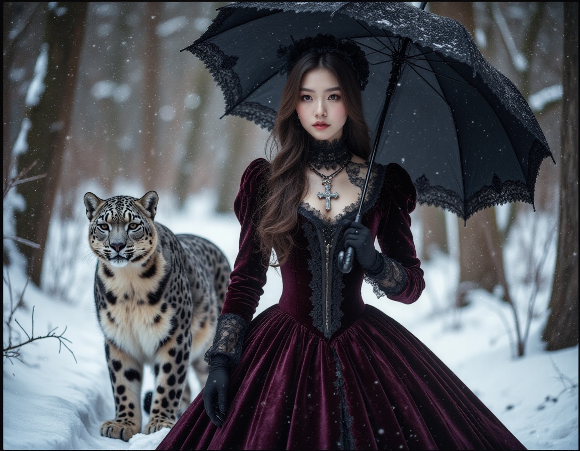 <lora:lora.gete:1>,A Victorian style Gothic outfit featuring a deep burgundy plush velvet dress with delicate lace accents, worn by an Asian woman with fair skin and flowing hair. Beside her was a snow leopard, wearing a silver cross necklace and holding a black umbrella against the backdrop of a snowy forest. The scene is illuminated by soft diffused light, casting long shadows and enhancing the bizarre and poetic atmosphere. The composition focuses on her elegant and slender contours, with snow and shadows adding depth and contrast to the image