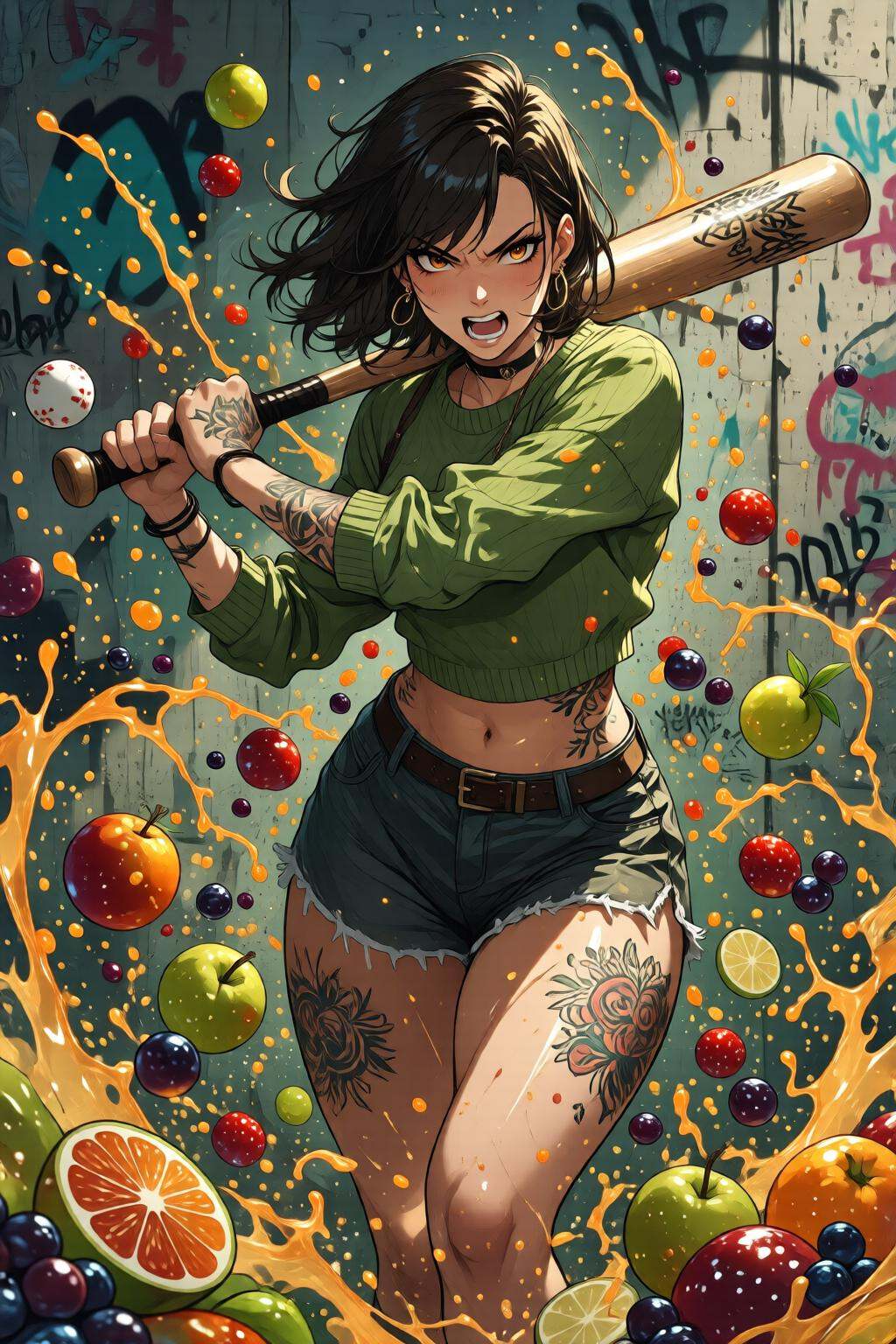 nijidigital3q anime illustration.Liquid splash,  cartoonish juicy fruits chaos,  dynamic pose on Tensor.Art