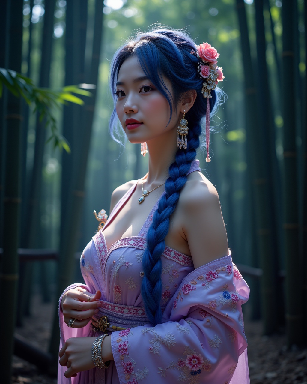 This is a portrait of a young woman set against a backdrop of bamboo forest,  with the addition of a Tyndall effect that s...